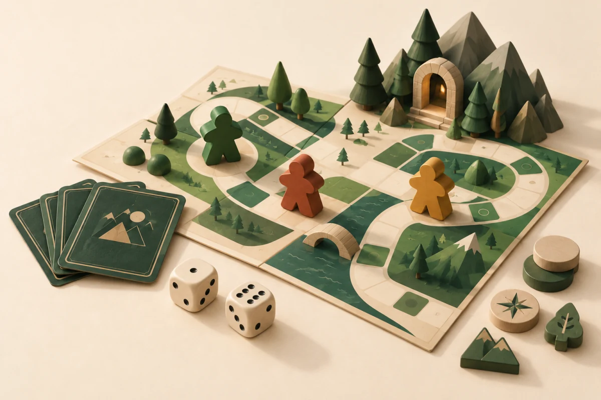 Illustrierte Spielwelt mit hölzernen Figuren, Würfeln und einem Weg durch einen kleinen Wald.